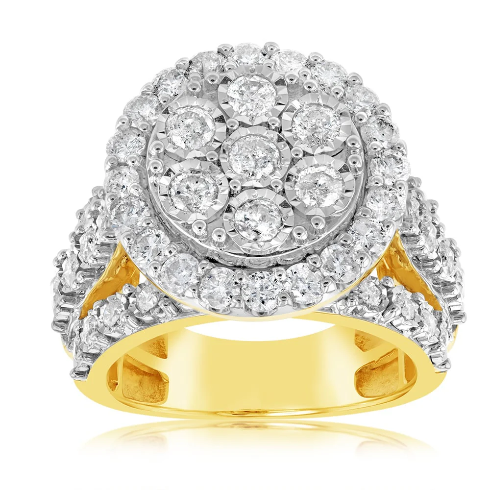 9ct Yellow Gold 2 Carat Diamond Cluster Round Dress Ring