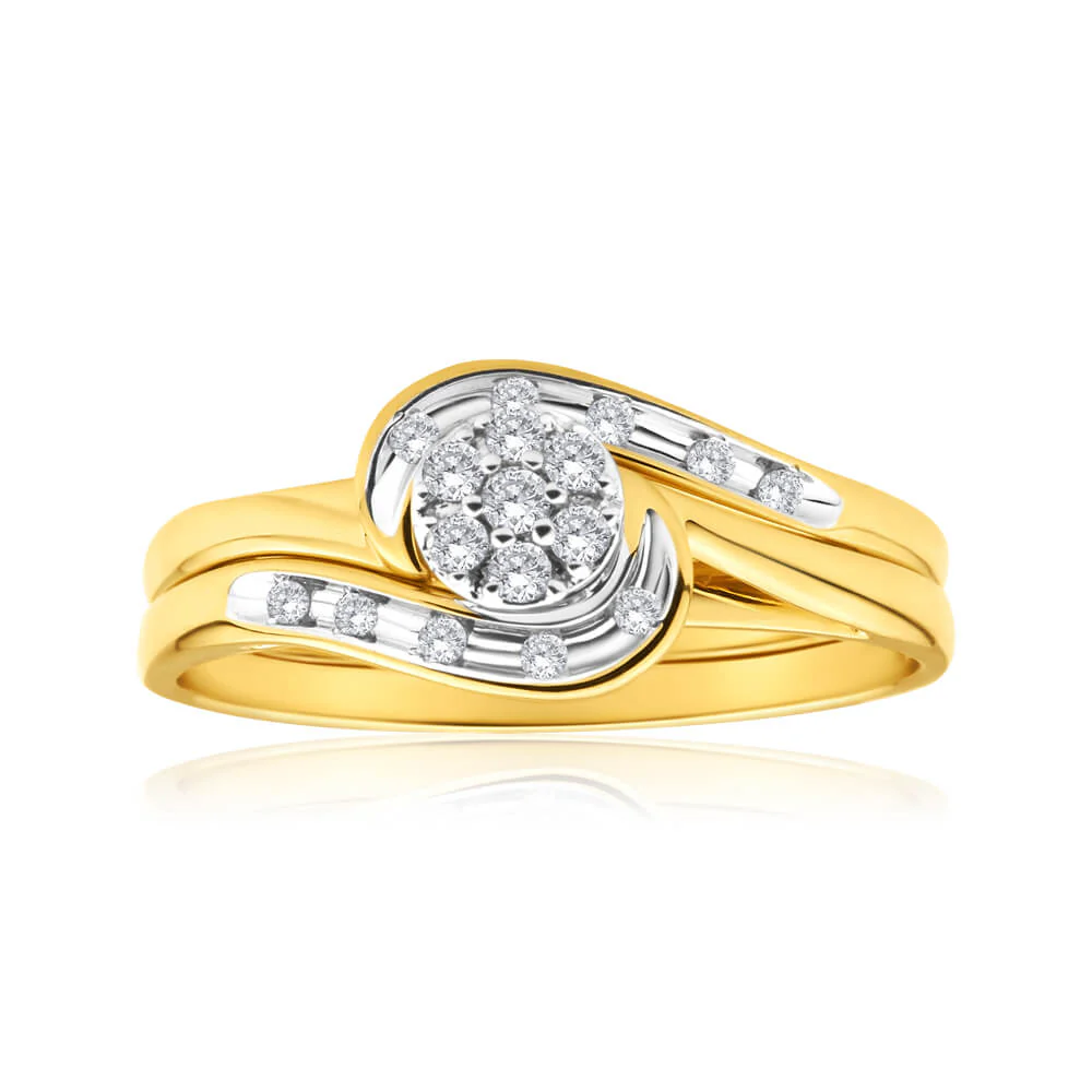 9ct Yellow Gold 2 Ring Bridal Set With 0.15 Carats Of Light Champagne Diamonds