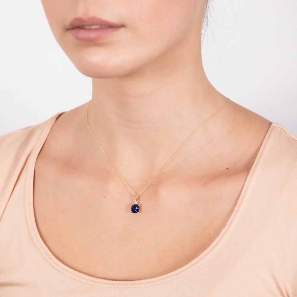 9ct Yellow Gold 2ct Created Blue Sapphire and Diamond Pendant On 45cm Chain - Image 2