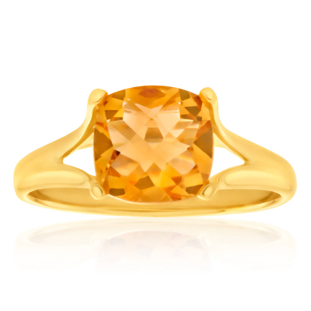 9ct Yellow Gold 2ct Cushion Cut Citrine Ring