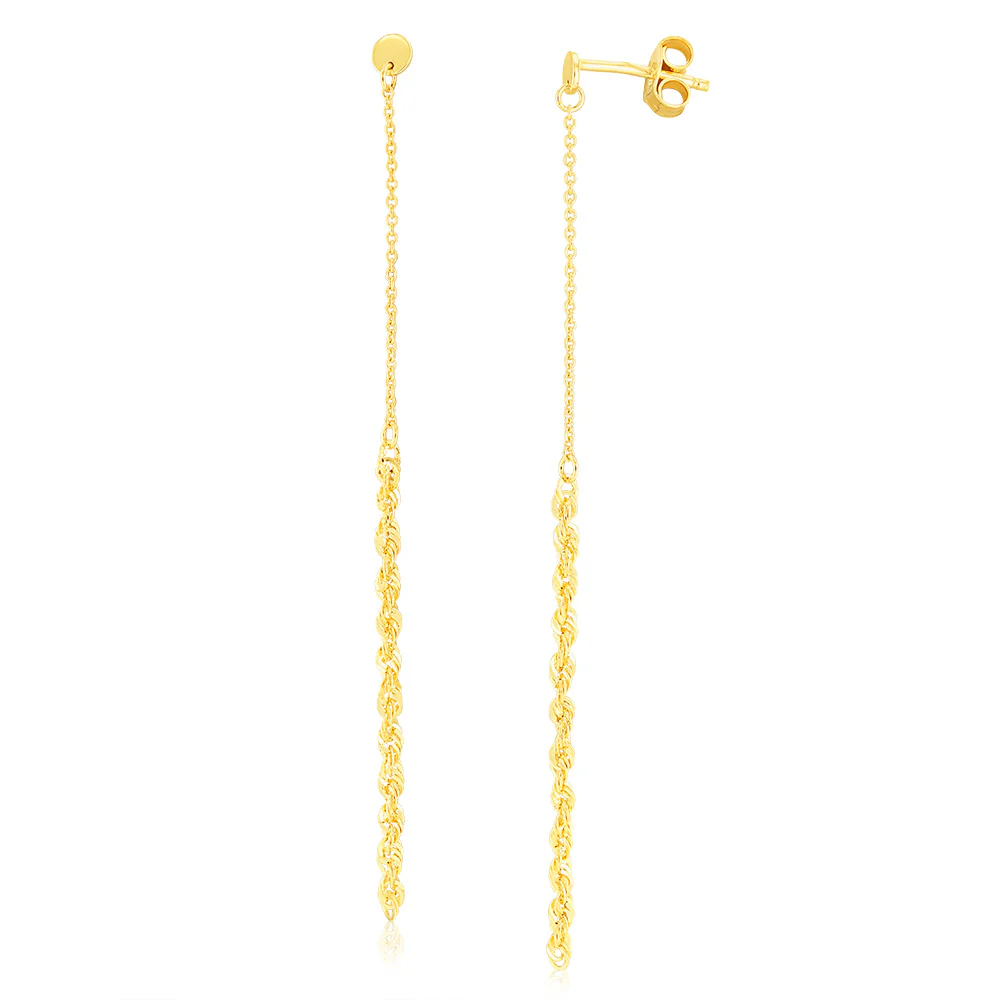 9ct Yellow Gold 2mm Rope & Trace Chain Drop Earrings