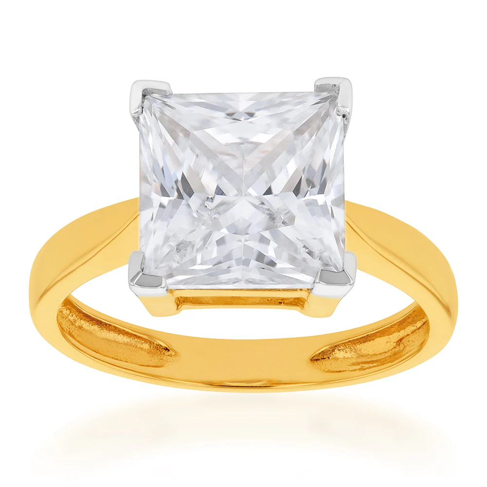 9ct Yellow Gold 3.00ct Diamond Equivalent 9.5mm Princess Cut Zirconia Solitaire