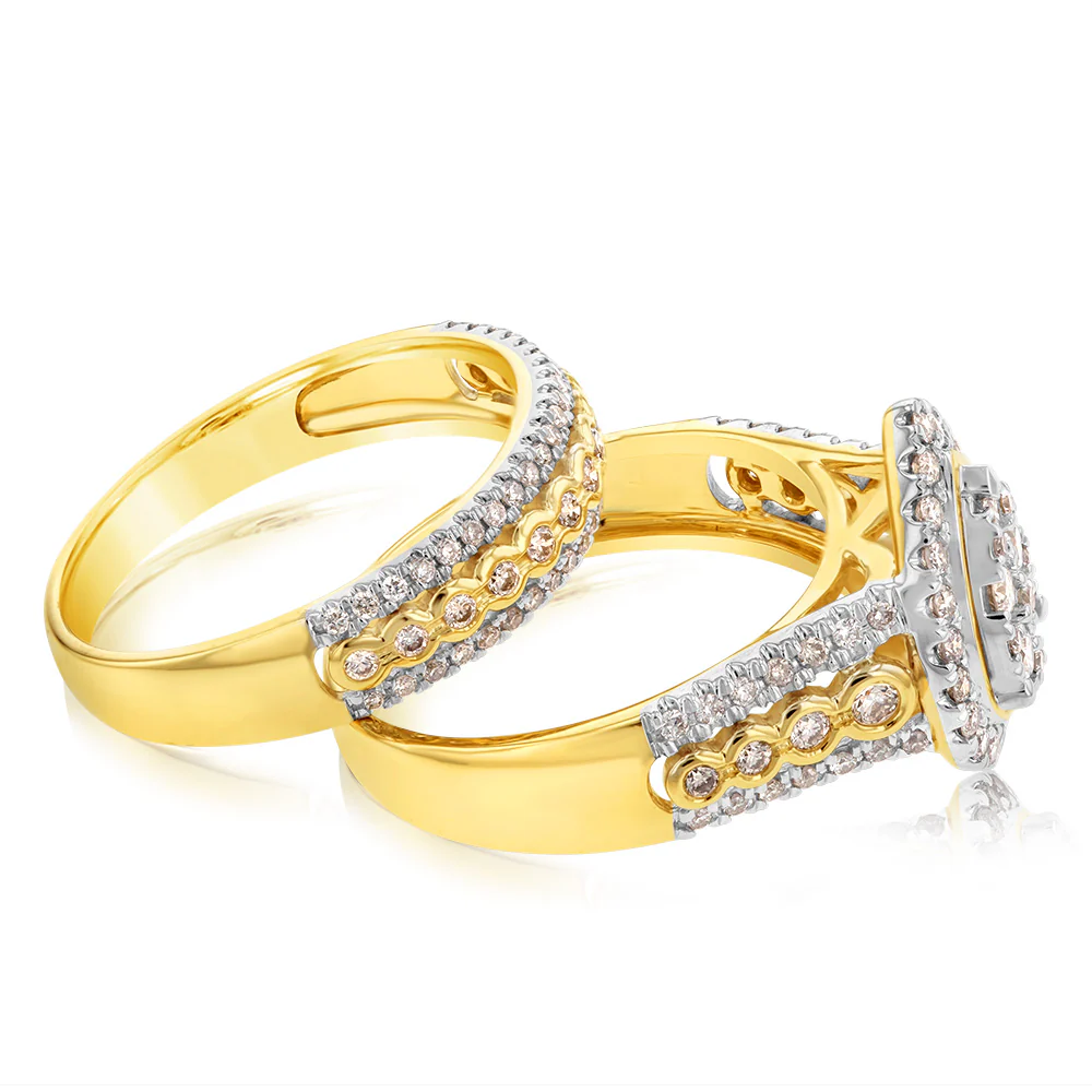 9ct Yellow Gold 3/4 Carat 2 Ring Bridal Set with 124 Brilliant Cut Diamonds - Image 2