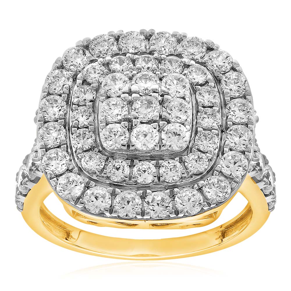 9ct Yellow Gold 3 Carat Diamond Cushion Shape Cluster Ring