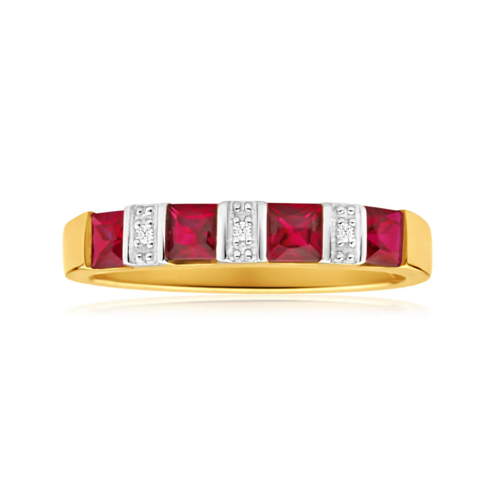 9ct Yellow Gold 4 Created Ruby Diamond Ring