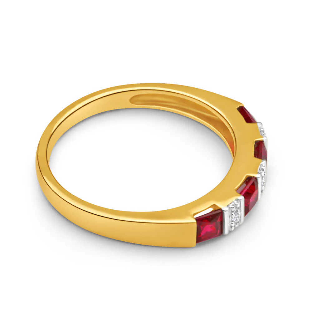 9ct Yellow Gold 4 Created Ruby Diamond Ring - Image 2