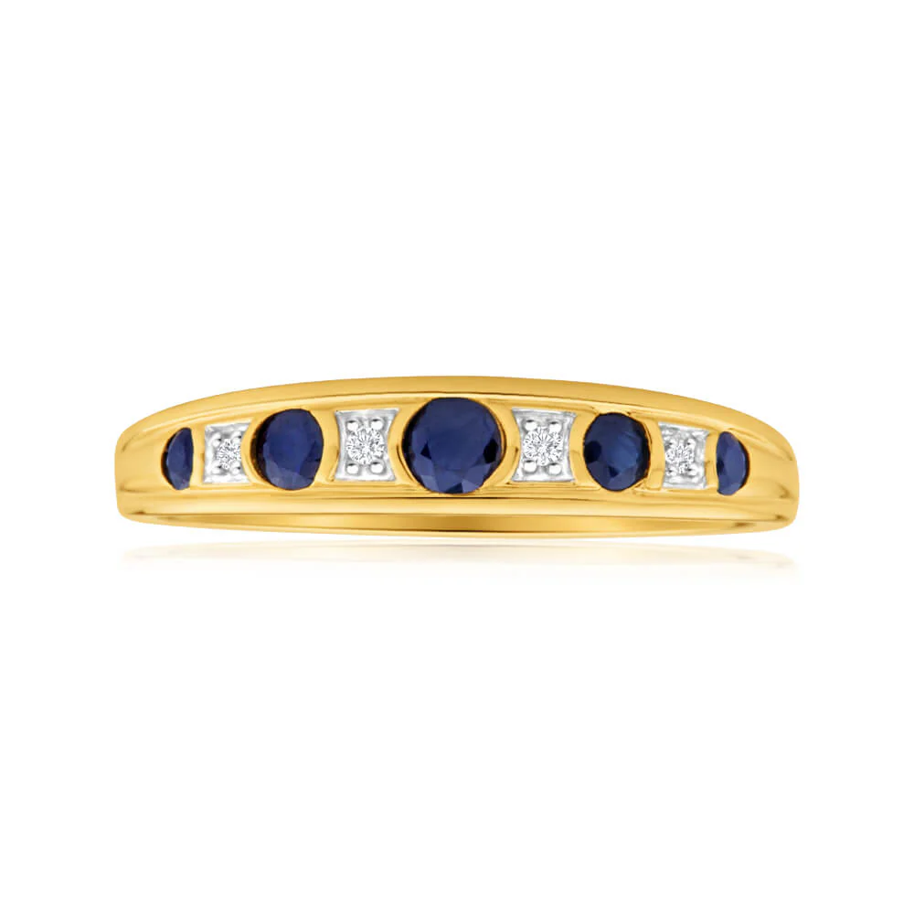 9ct Yellow Gold 5 Natural Sapphire and Diamond Ring