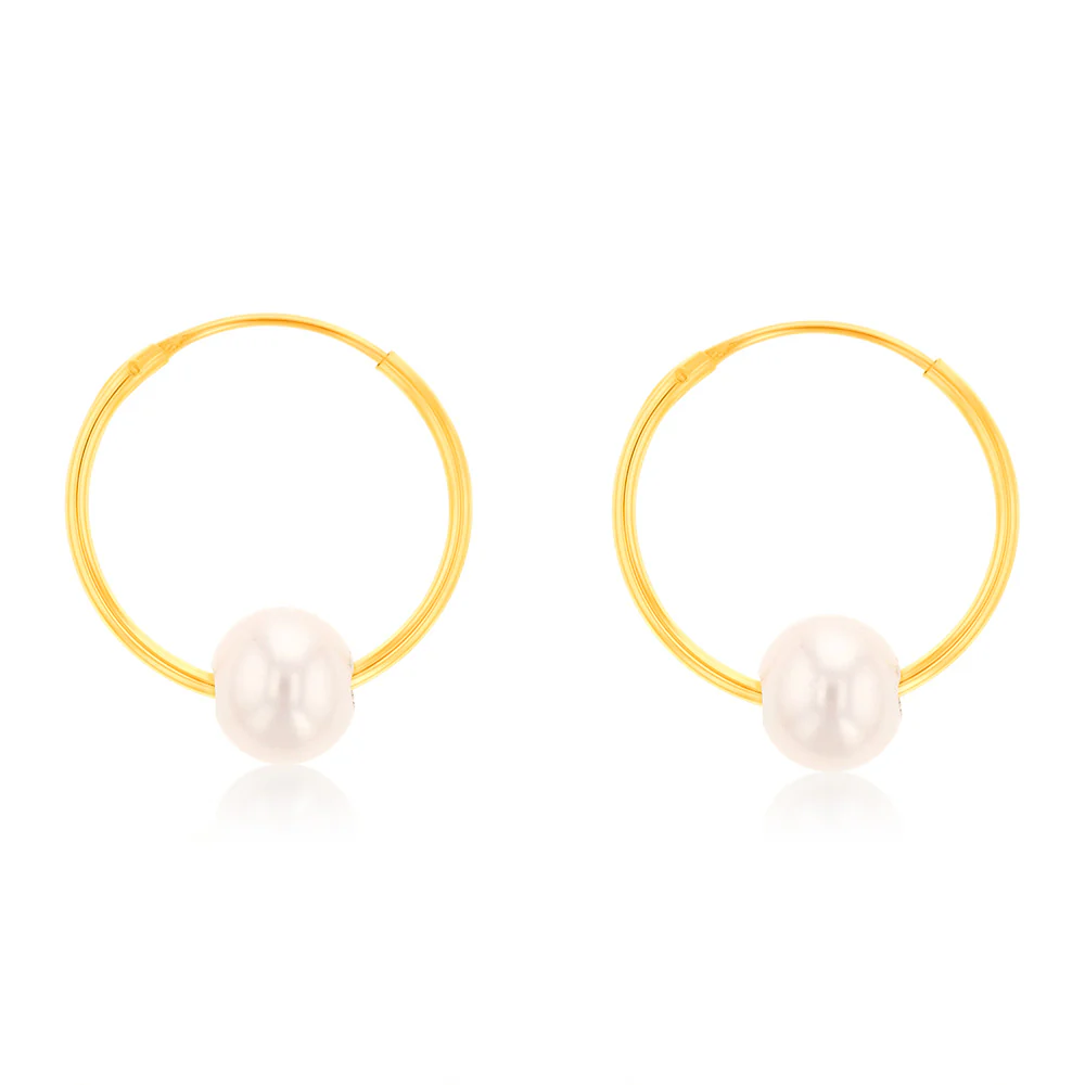 9ct Yellow Gold 5mm Fresh Water Pearl 13mm Sleeper Earrings