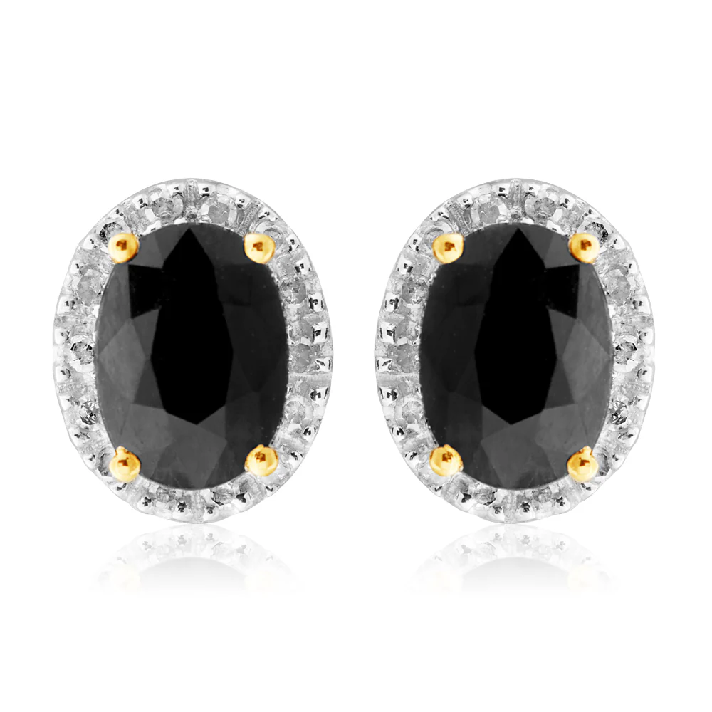 9ct Yellow Gold 5X7mm Oval Cut Natural Sapphire and 0.14 Carat Diamond Stud Earrings