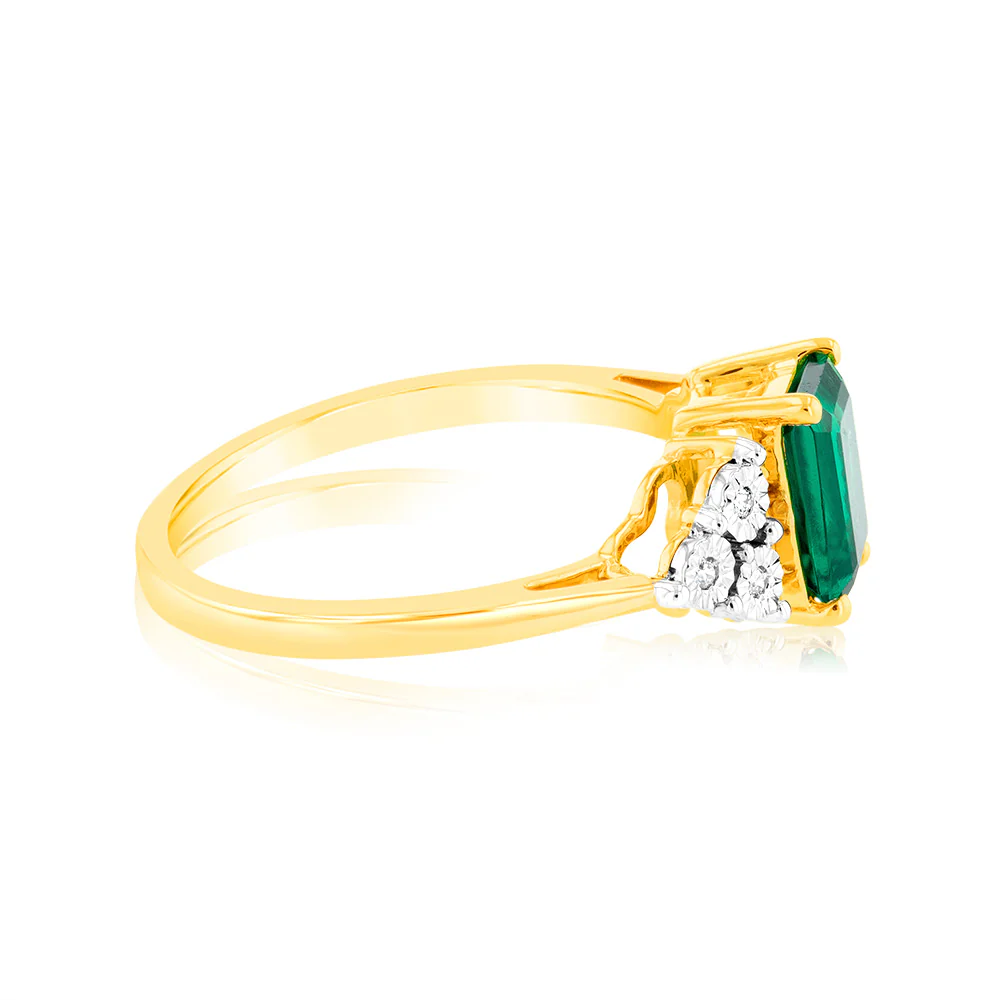 9ct Yellow Gold 7mm Created Emerald And Diamond Ring - Image 2