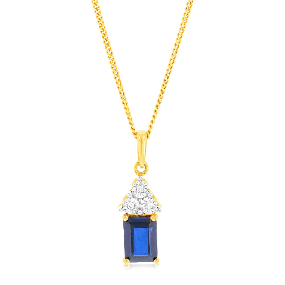 9ct Yellow Gold 7mm Created Sapphire And Diamond Pendant