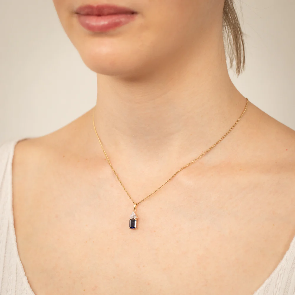 9ct Yellow Gold 7mm Created Sapphire And Diamond Pendant - Image 2