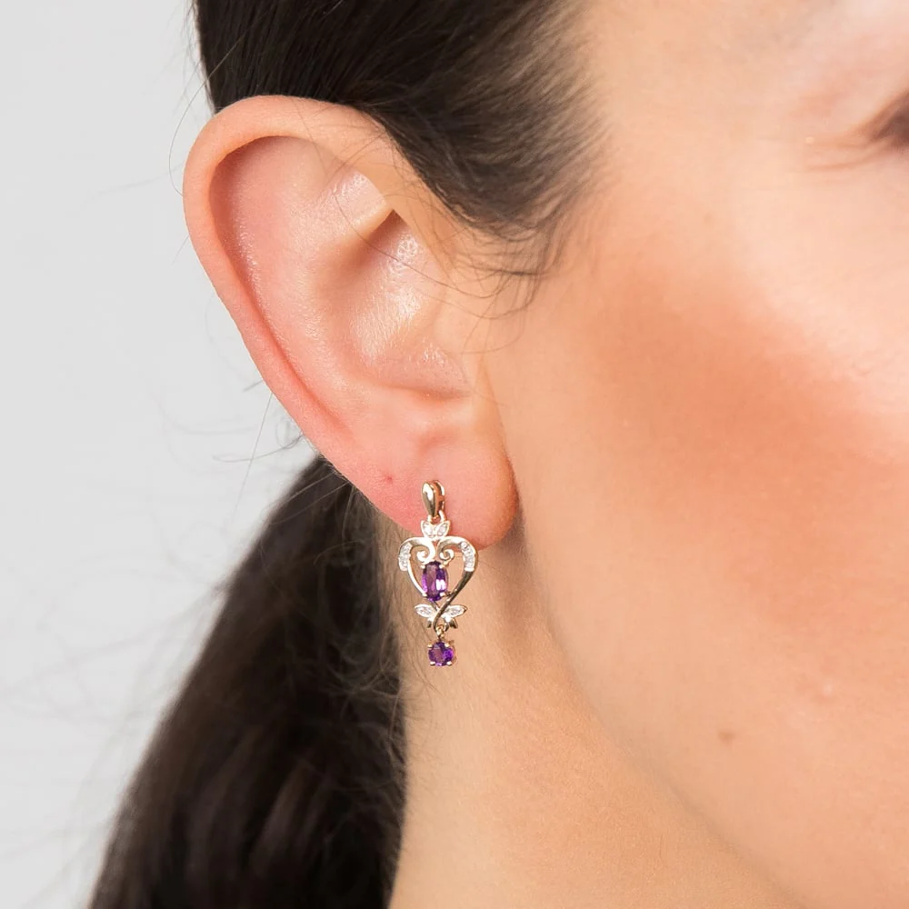 9ct Yellow Gold Amethyst And Diamond Drop Earrings - Image 2