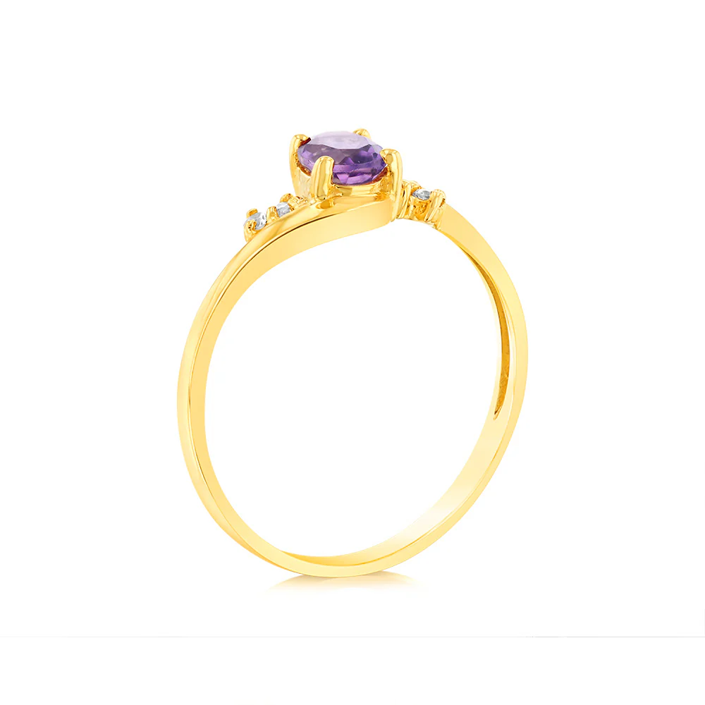 9ct Yellow Gold Amethyst + Cubic Zirconia Swirl Ring - Image 3