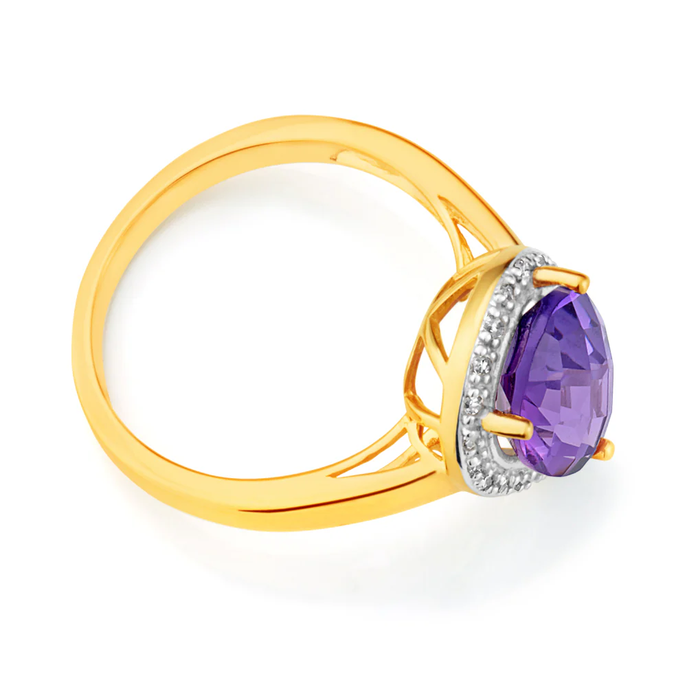 9ct Yellow Gold Amethyst & Diamond Dress Ring - Image 2