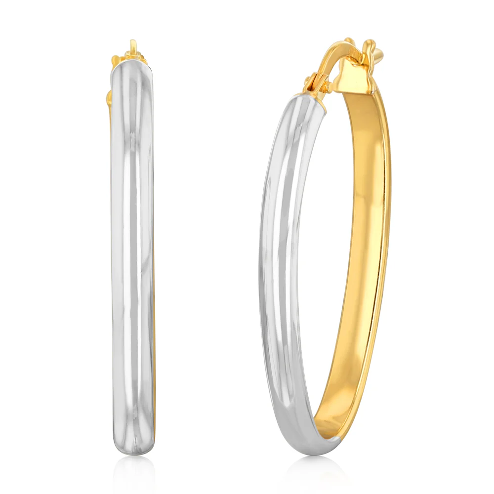 9ct Yellow Gold And White Two Tone Gold Silverfilled Fancy Hoop Earrings