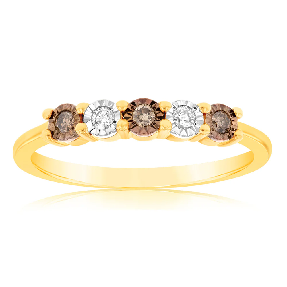 9ct Yellow Gold Australian Champagne Diamond Ring with 2 Brilliant White Diamonds