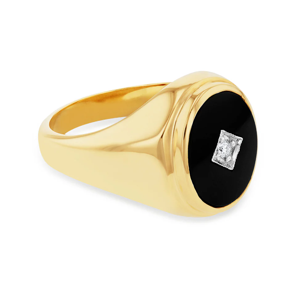 9ct Yellow Gold Black Onyx and Diamond Gents Ring - Image 2