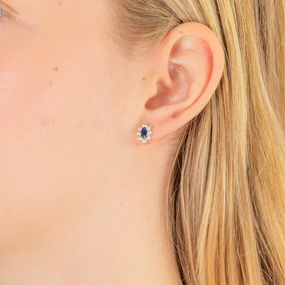 9ct Yellow Gold Blue And White Cubic Zirconia Oval Stud Earrings - Image 2