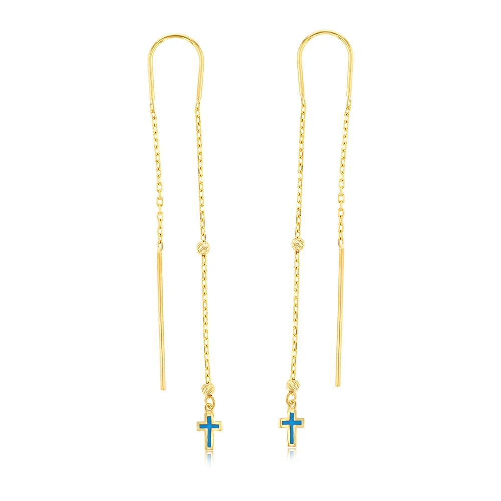 9ct Yellow Gold Blue Enamel Cross On Threader Earrings