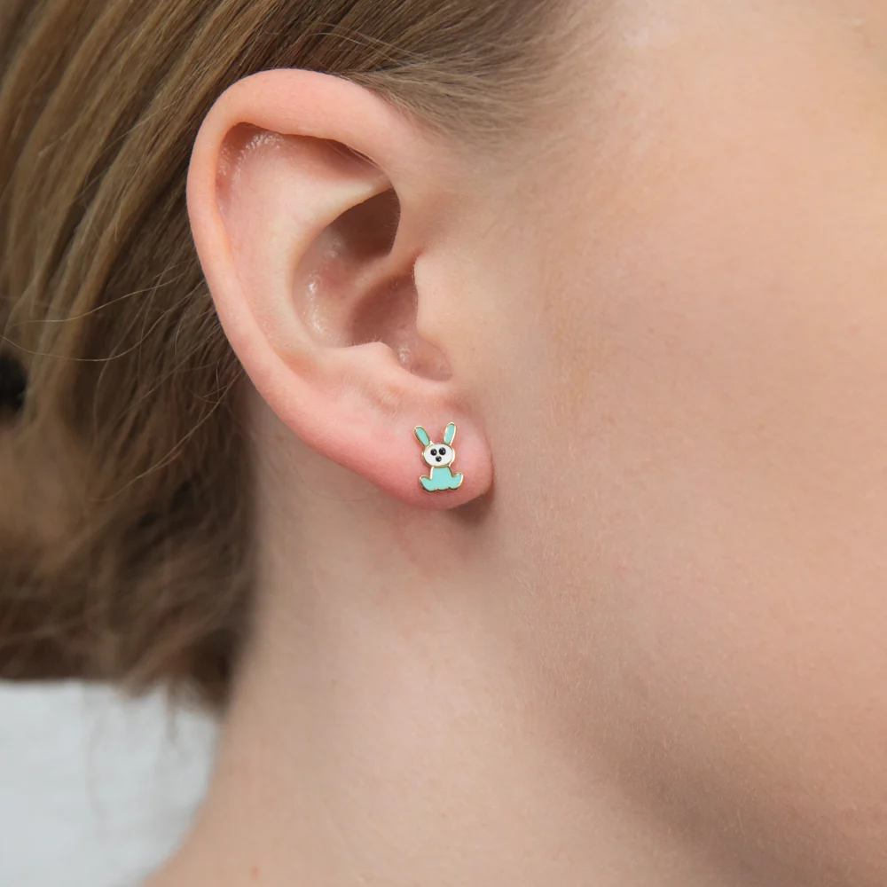 9ct Yellow Gold Blue Rabbit Stud Earrings - Image 2