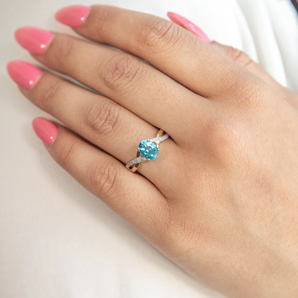 9ct Yellow Gold Blue Topaz and Diamond Cross Over Ring - Image 3