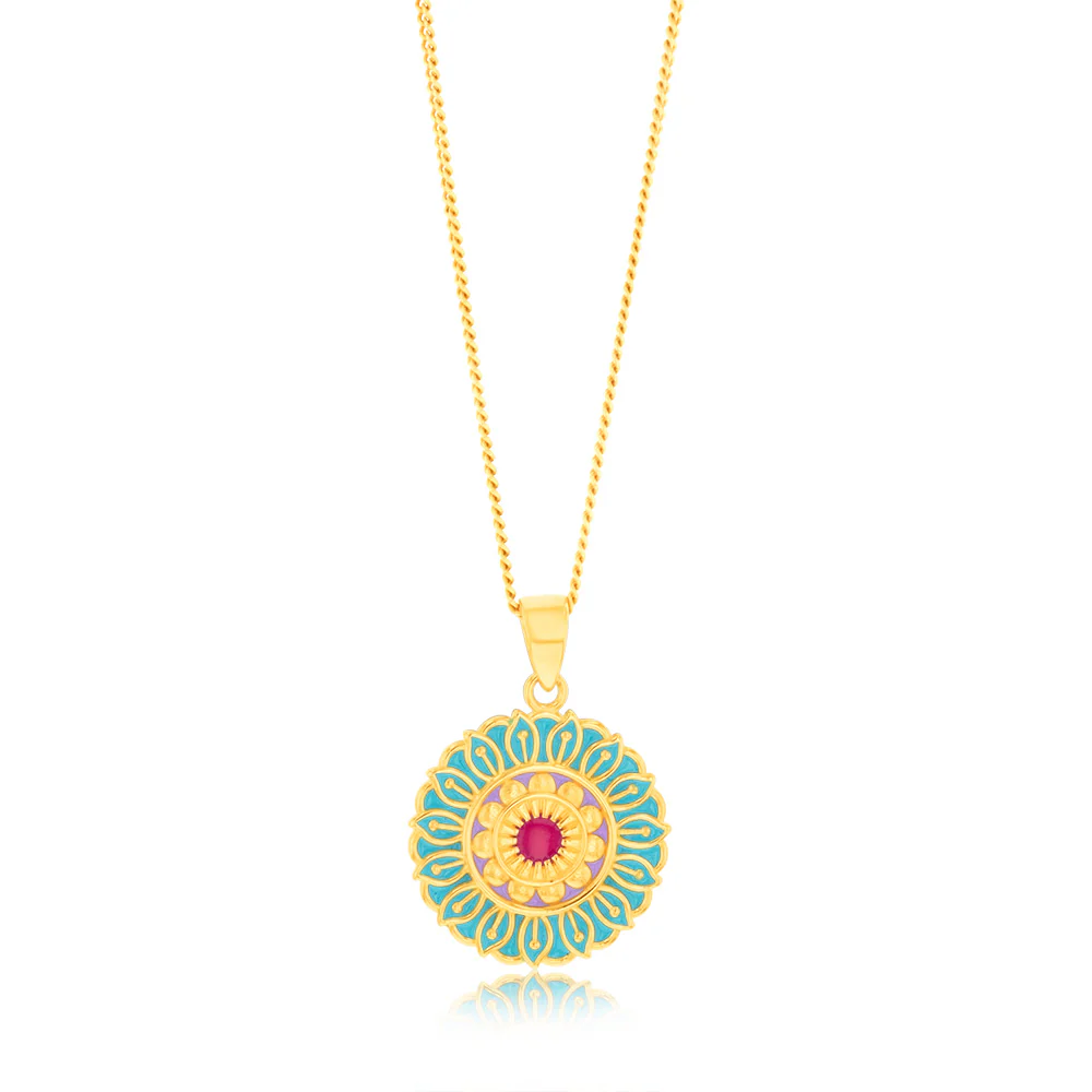 9ct Yellow Gold Colourful Enamel Flower Pendant