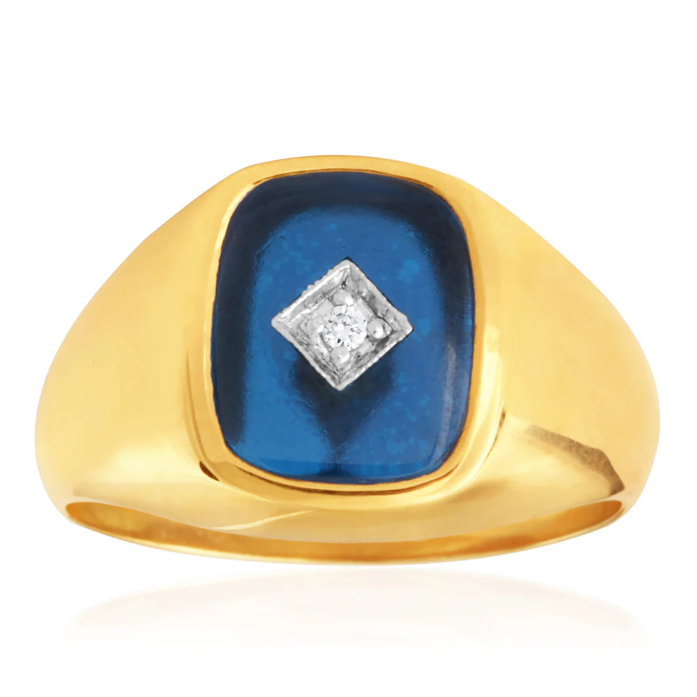 9ct Yellow Gold Created Blue Spinel & Diamond Gents Ring (No Resize)