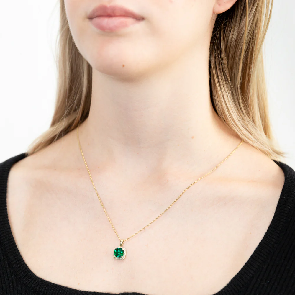 9ct Yellow Gold Created Emerald and Diamond Cushion Cut Pendant - Image 2