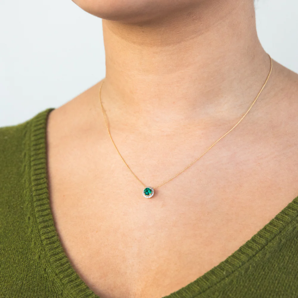 9ct Yellow Gold Created Emerald and Diamond Halo Pendant on 45cm Chain - Image 2