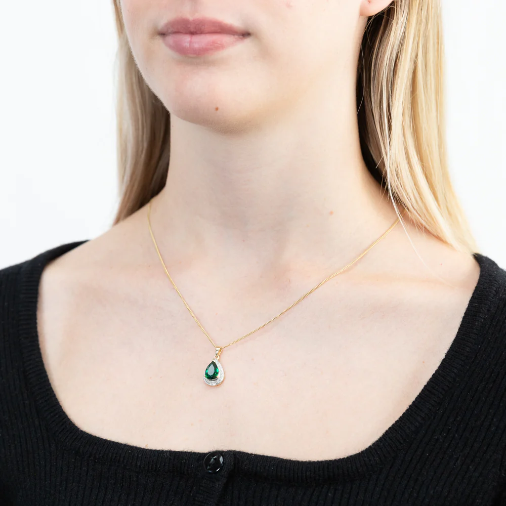 9ct Yellow Gold Created Emerald and Diamond Pendant - Image 2
