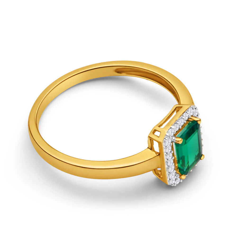 9ct Yellow Gold Created Emerald + Diamond Ring - Image 2