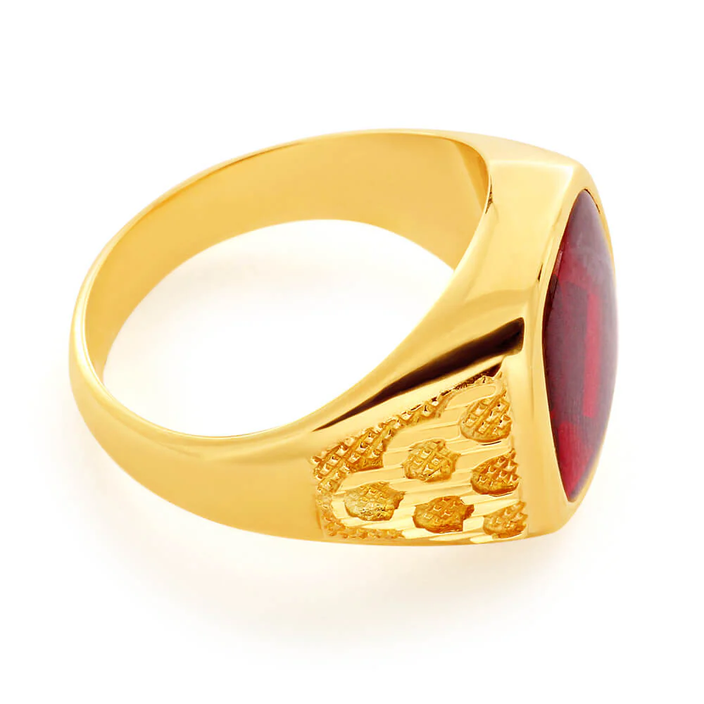 9ct Yellow Gold Created Garnet 14x12mm Gents Ring - Image 2