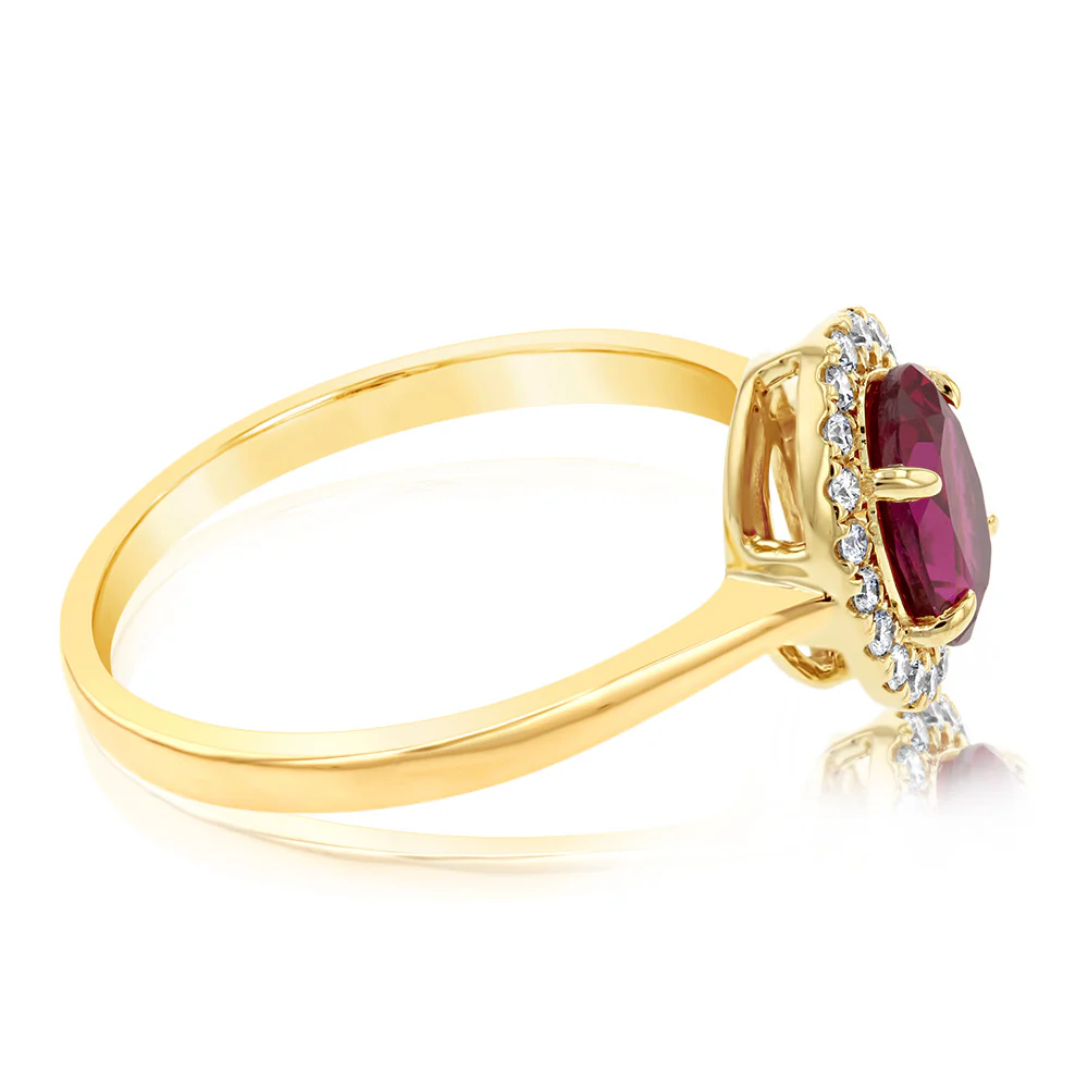 9ct Yellow Gold Created Oval Ruby And Diamond Halo Ring - Image 2