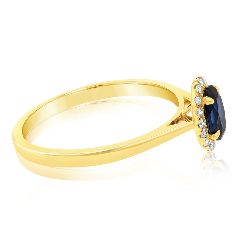 9ct Yellow Gold Created Oval Sapphire& Diamond Halo Ring - Image 2