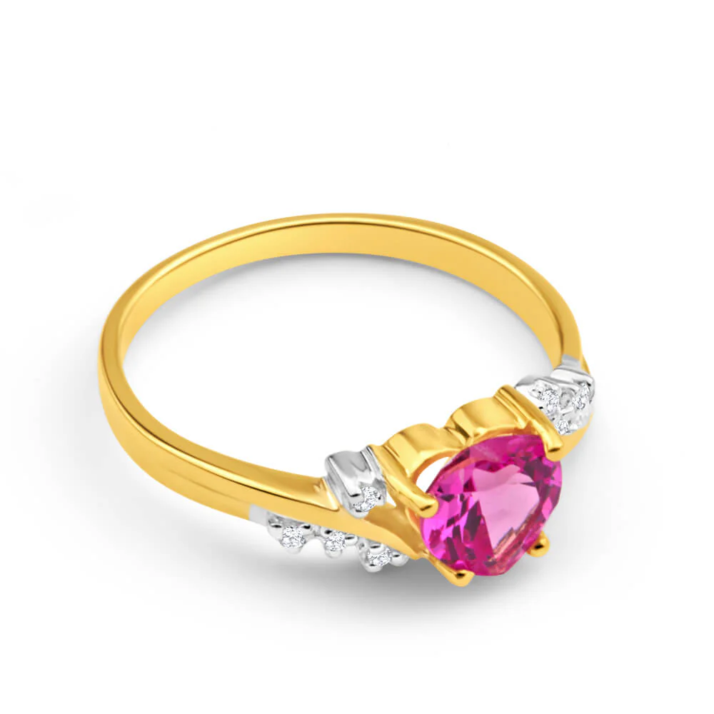 9ct Yellow Gold Created Pink Sapphire Heart and Diamond Ring - Image 2