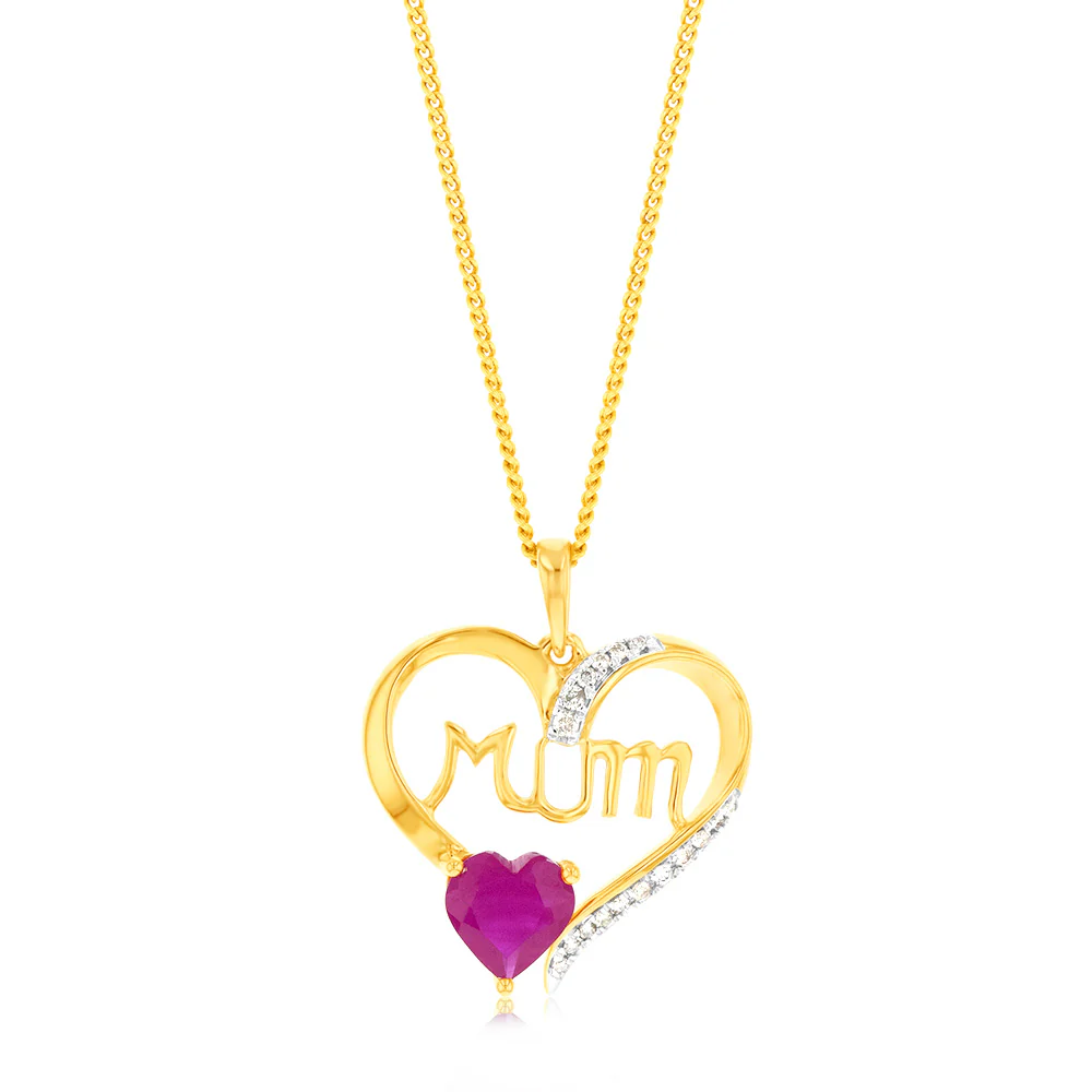 9ct Yellow Gold Created Round Ruby Mum Heart Pendant