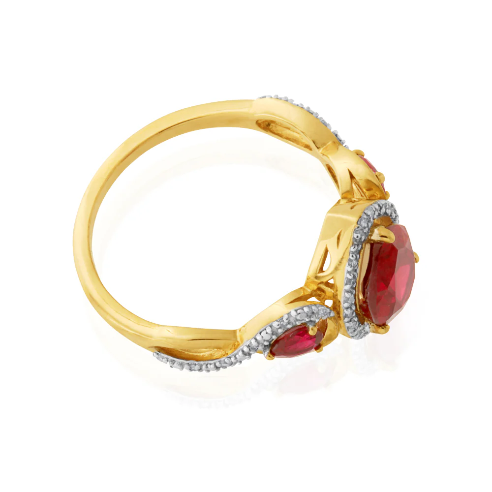 9ct Yellow Gold Created Ruby and 1/10 Carat Diamond Ring - Image 2