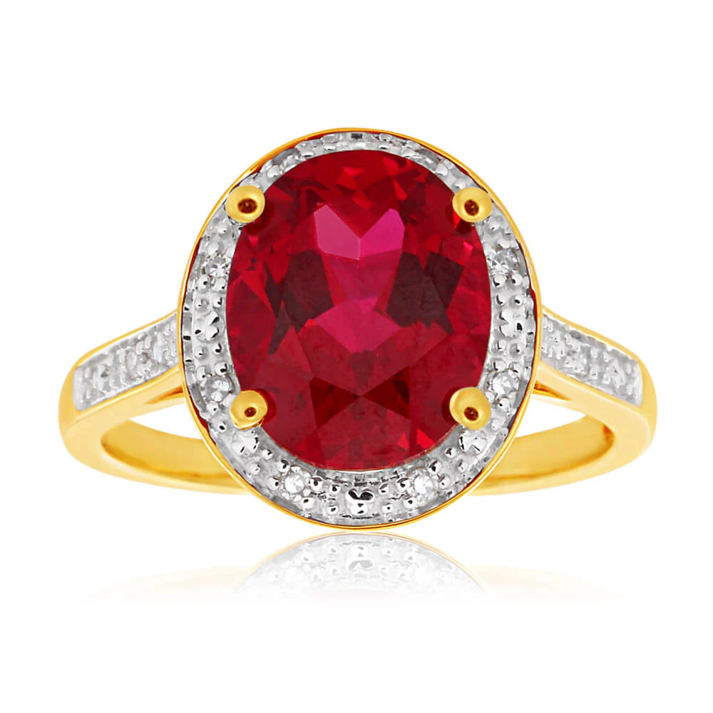 9ct Yellow Gold Created Ruby and Diamond Ring