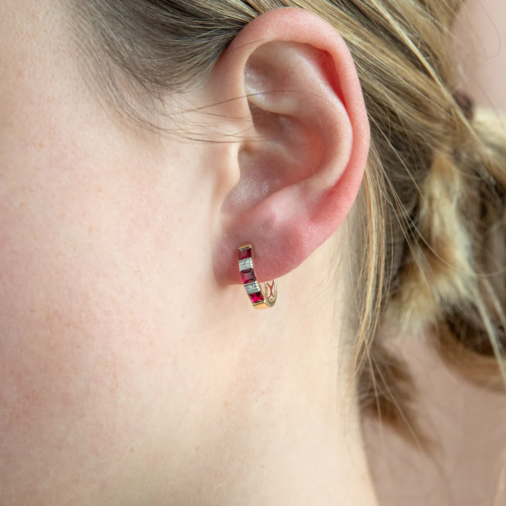 9ct Yellow Gold Created Ruby Diamond Hoop Earrings - Image 2