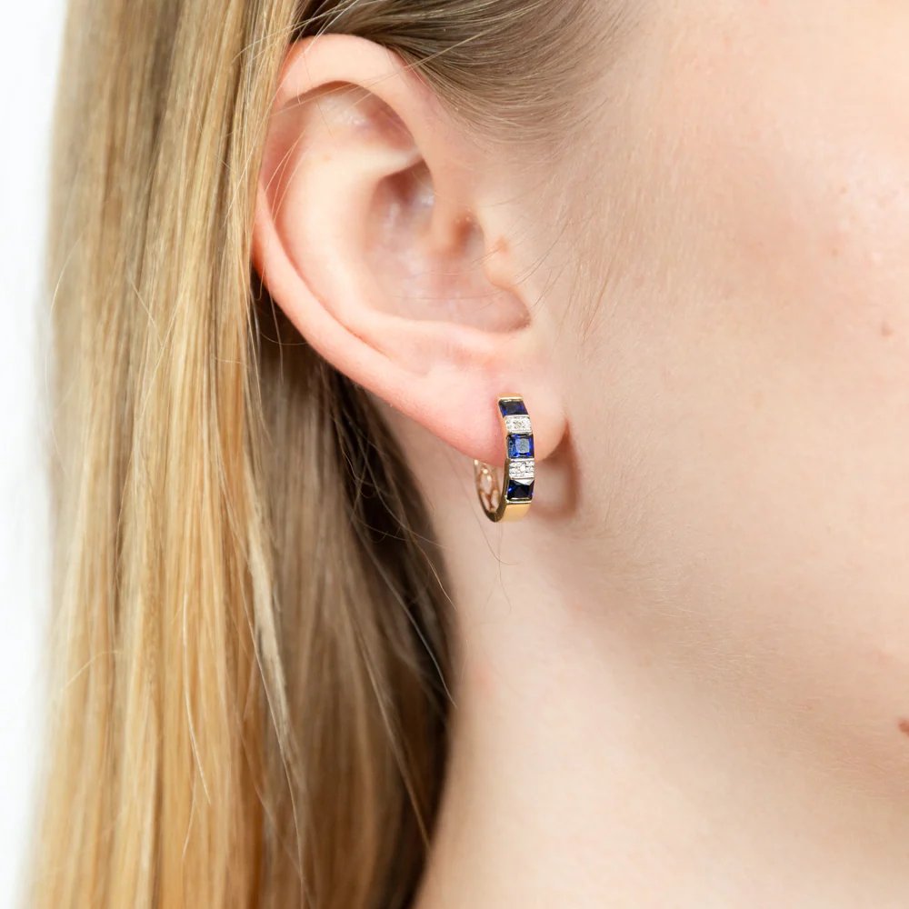 9ct Yellow Gold Created Sapphire and Diamond Hoop Earrings - Image 2