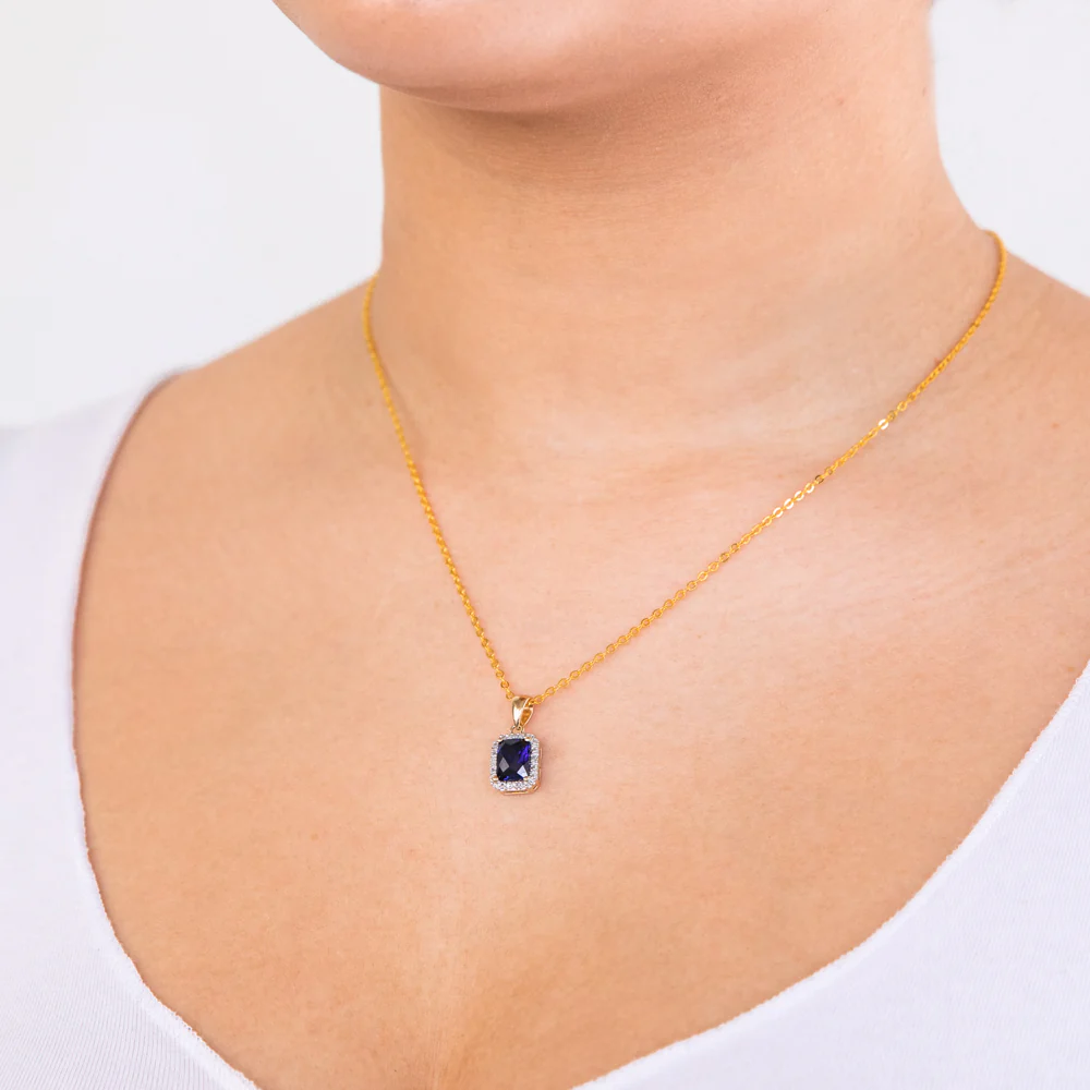 9ct Yellow Gold Created Sapphire and Diamond Pendant 46cm Gold Plated Chain - Image 2