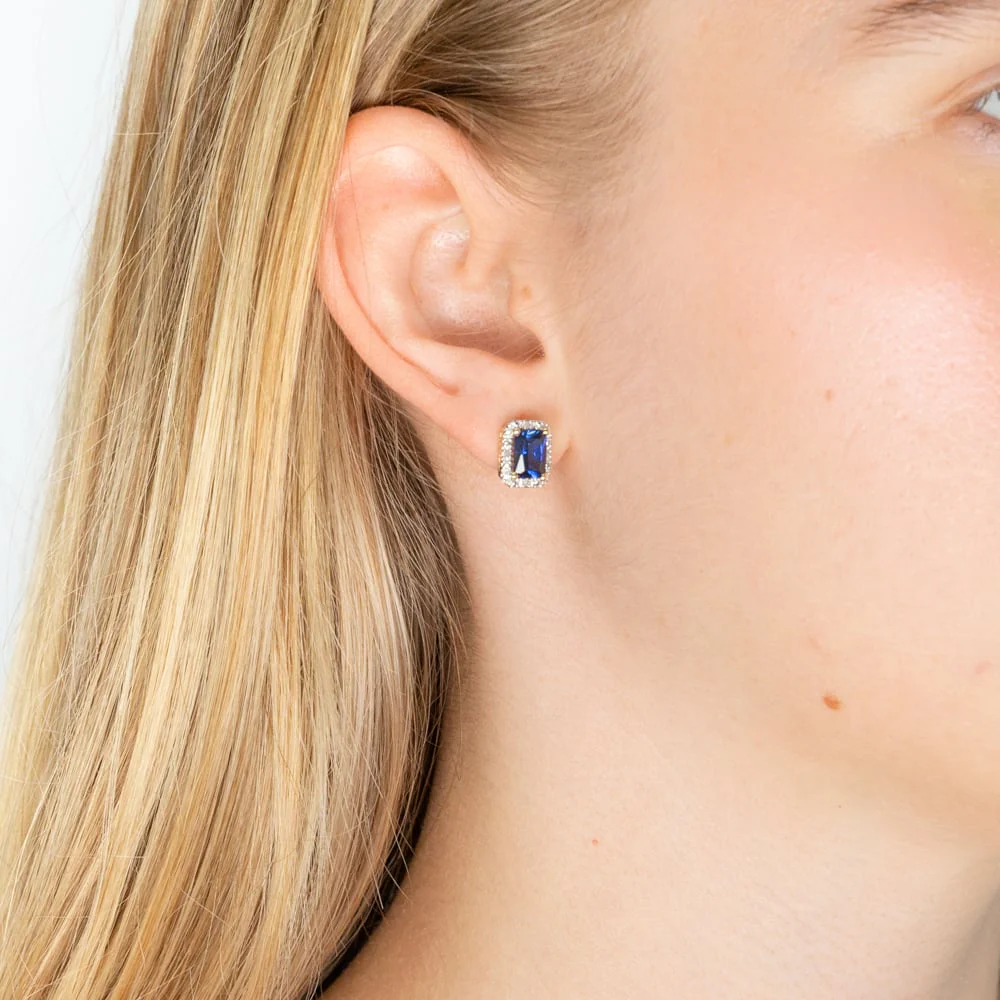 9ct Yellow Gold Created Sapphire and Diamond Stud Earrings - Image 2