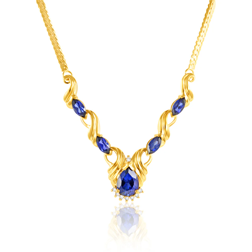 9ct Yellow Gold Created Sapphire + Diamond Chain
