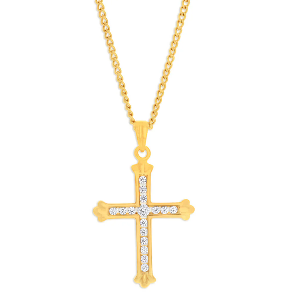 9ct Yellow Gold Cubic Zirconia 18mm Fancy Cross Pendant