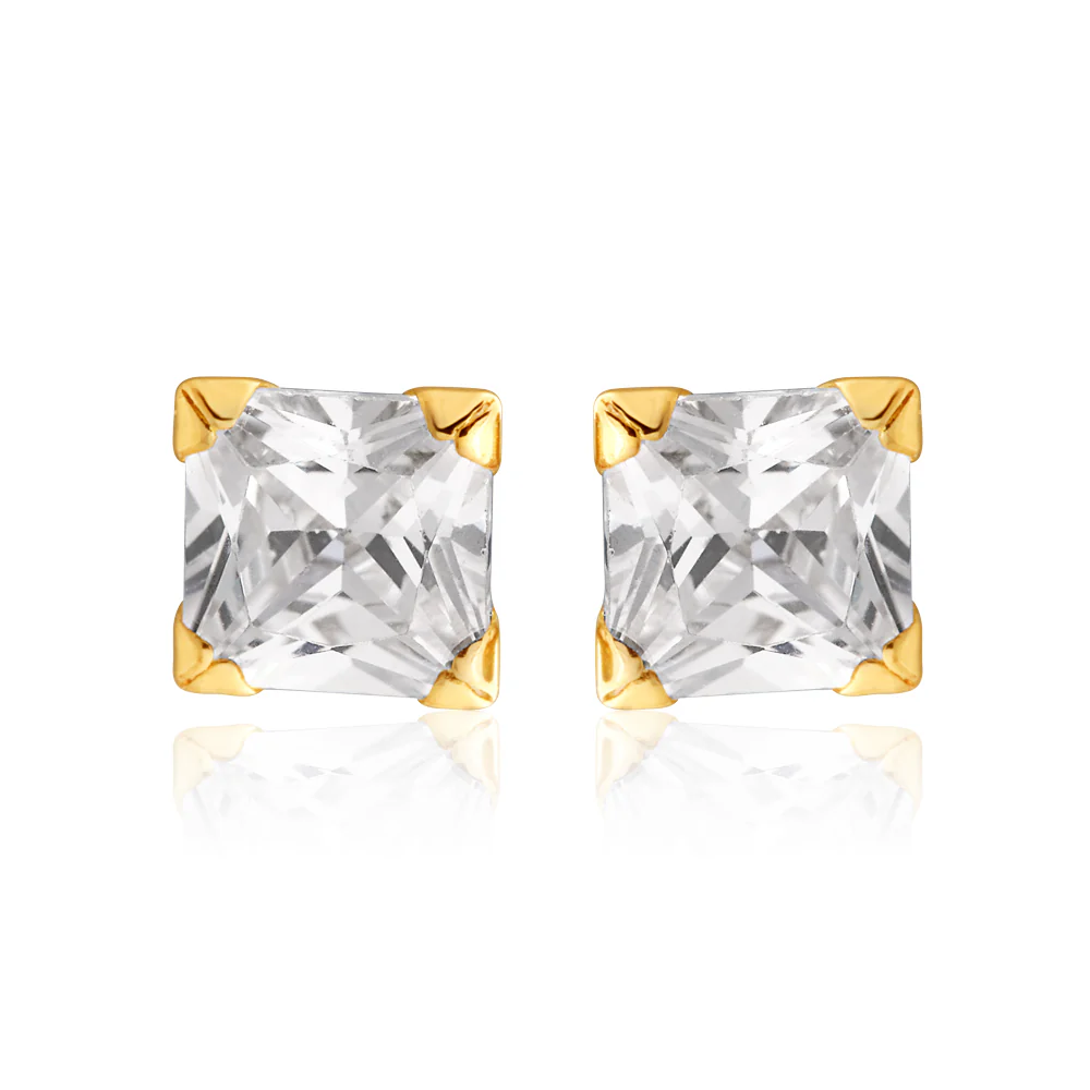 9ct Yellow Gold Cubic Zirconia 4mm Princess Stud Earrings