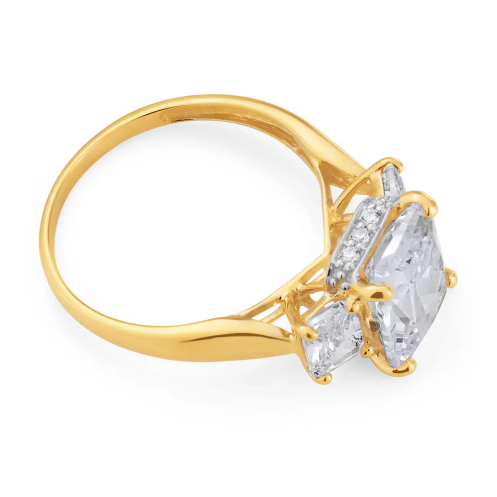 9ct Yellow Gold Cubic Zirconia Emerald Shape Trilogy Ring - Image 2