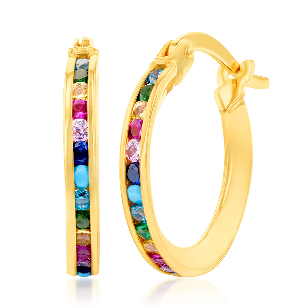 9ct Yellow Gold Cubic Zirconia Multicolour Double Side 10mm Hoop Earrings