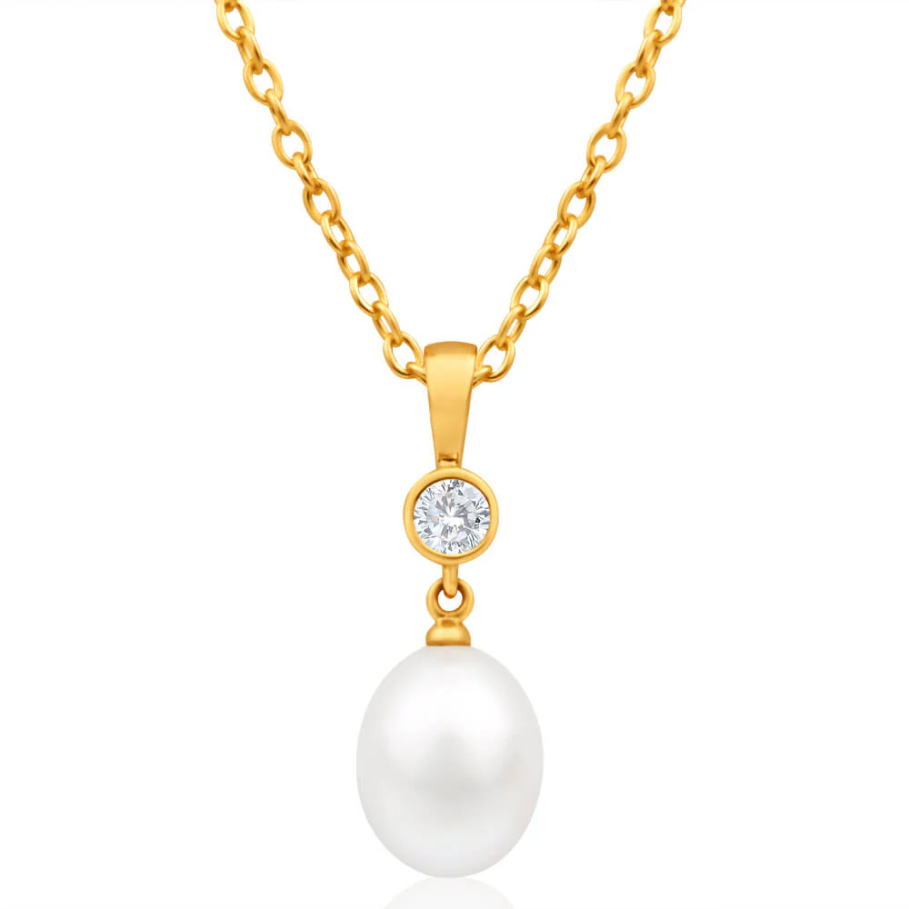 9ct Yellow Gold Cubic Zirconia + Pearl Pendant