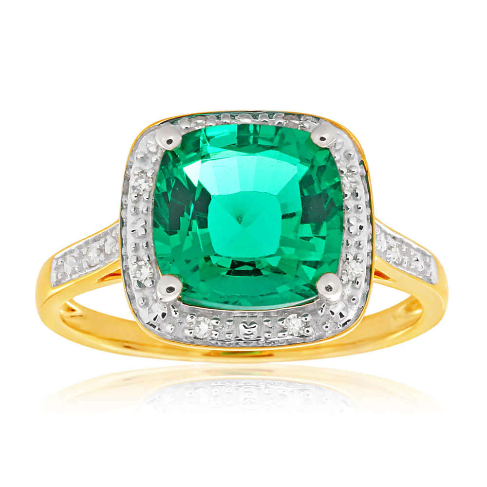9ct Yellow Gold Cushion Cut Created Emerald 9mm and Diamond Ring